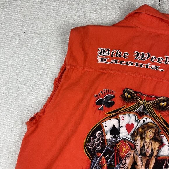 Y2K USA Biker Design Vest Mens L Orange Sleeveless Cut Off Bike Week 2007 - Picture 4 of 16